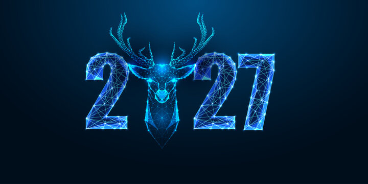 2027 New Year Winter Celebration with Majestic Deer Antlers and Glowing Blue Typography Vector