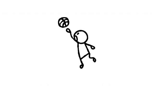 Animated doodle icon of a basketball player catching and dunking a ball for a score.