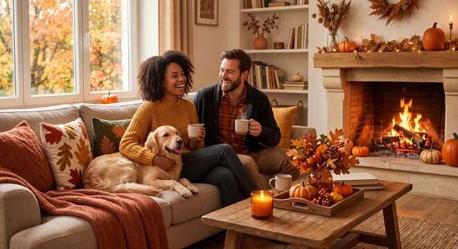 Cozy fall living room setup, Mixed race couple relaxing with dog by fireplace in cozy autumn living room  