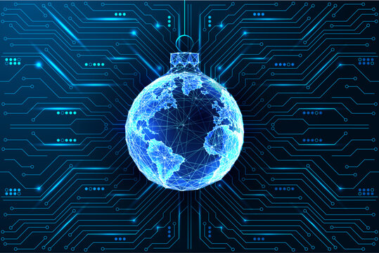 Christmas Earth Globe Ornament with Digital Circuit Network, Glow Blue Technology Background Vector