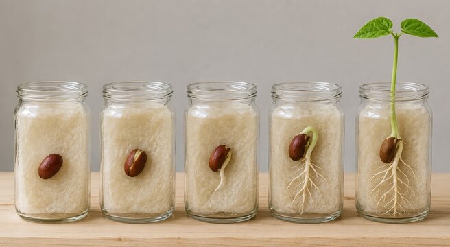 Bean seed germinating in five stages in a row of glass jars