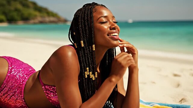 Smiling woman sunbathing on tropical beach in sequin bikini