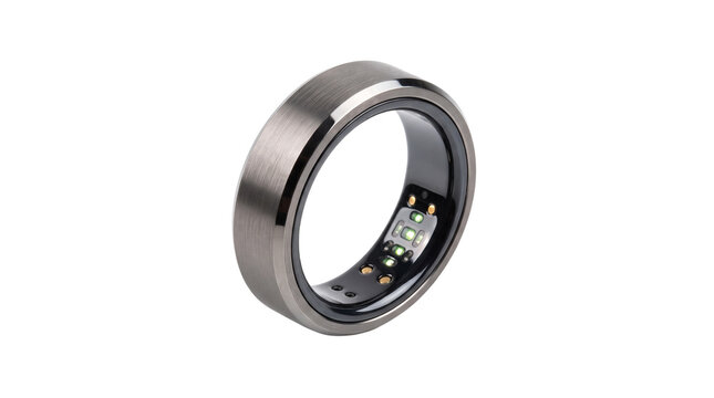 Smart ring wearable technology for health tracking, titanium fitness tracker ring with biometric sensors, modern electronic jewelry on white background
