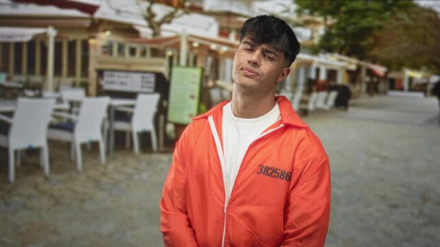 Man in orange prisoner jumpsuit showing inmate number tilts head, pouts and holds hands in front while standing on a street; urban isolation defiance.