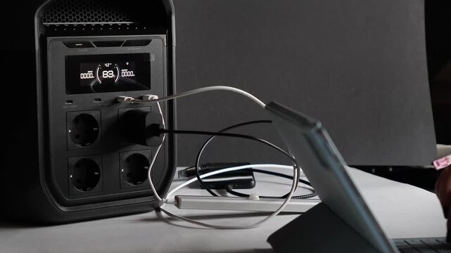 Working from home on a tablet powered by a portable power station. Concept of backup power and energy independence; energy storage, blackout, battery.