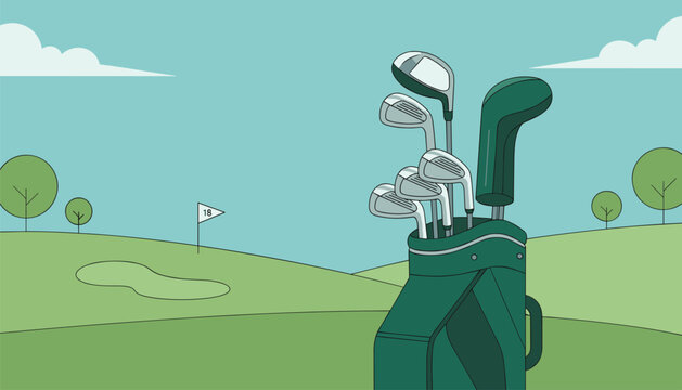 Green golf bag filled with iron clubs stands on a pristine golf course with trees in the background under a light blue sky with white clouds.