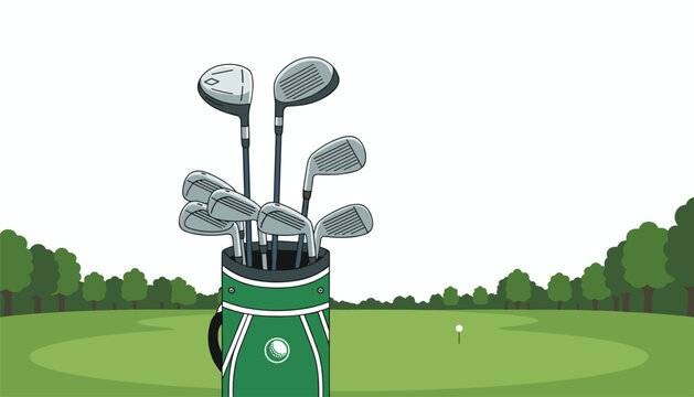 Golf bag with a variety of clubs stands on the edge of a lush green golf course with trees lining the horizon and a ball visible on a white tee.