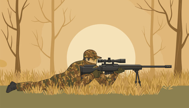 Camouflage clad soldier lies prone on the ground while holding a long precision sniper rifle in a dry desolate forest setting.