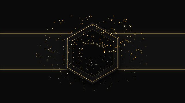 Black and gold hexagon frame animation with sparkling dust particles and luxury background, hexagon shape
