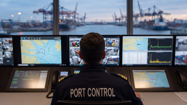 Port control officer monitoring shipping traffic screens for maritime logistics and harbor security operations