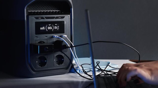 Working from home on a laptop powered by a portable power station. Concept of backup power and energy independence. Energy storage, blackout, battery. Blue lighting.