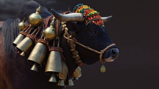 Majestic Indian Bull with Ornate Decoration, Traditional Ceremony, Sacred Animal, Holy Cow, Festive Celebration, Rural Life, India
