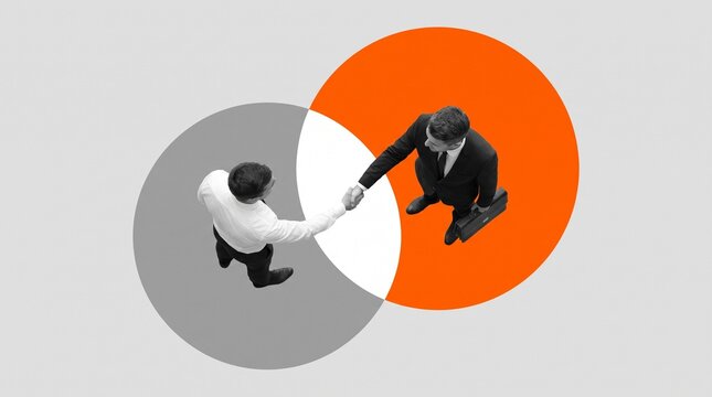 Two business men shaking hands on a white background with overlapping gray with standing within intersection