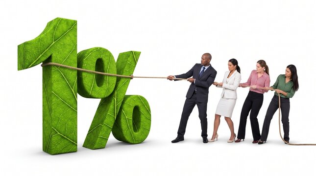 A diverse business team pulling a large green percentage symbol with a rope on white background with teamwork