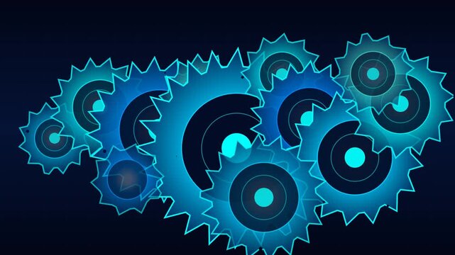 Blue glowing gears turning mechanism animation background, industrial tech innovation and business process motion