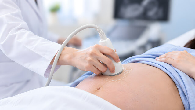産婦人科で妊婦のお腹を検査する超音波エコー診断
