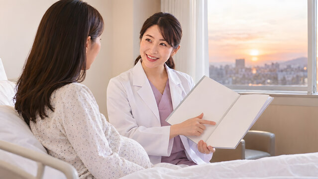 病室で女性患者に検査結果を説明する女性医師