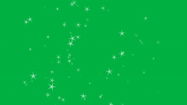 Seamless looping animation of glowing 5-pointed long-spike optical flare stars bursting widely, shrinking dynamically, and twinkling before fading out on a pure chroma key green background.