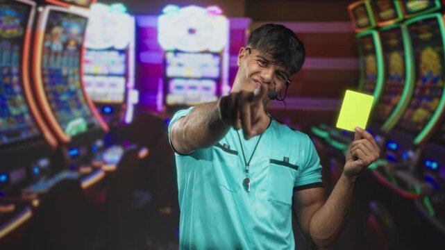 Man referee pointing finger and holding a yellow card with whistle visible in a casino building; playful authority.