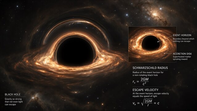 Astrophysics concept art of a black hole with a distinct event horizon and accretion disk accompanied by an educational zoomed inset detailing the schwarzschild radius and escape velocity equations