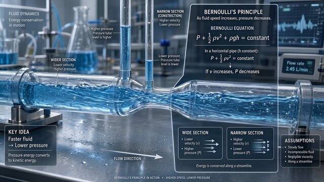 Fluid flowing through pipe with constriction and zoomed inset showing bernoulli principle as the fluid speeds up in the narrow section pressure decreases the inset shows pressure difference equation