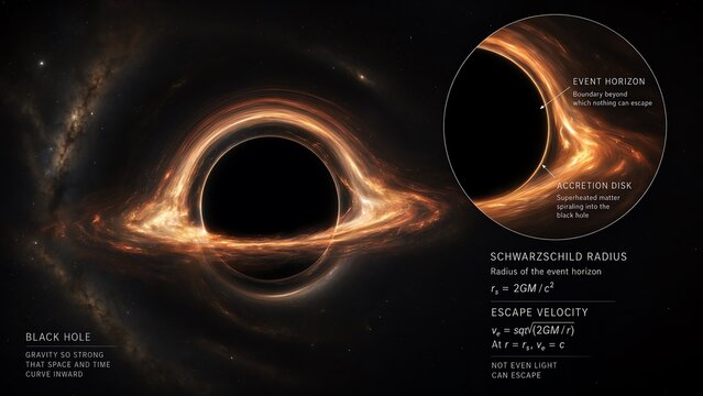 Black hole model with a zoomed inset showing the event horizon and the glowing accretion disk the inset illustrates the schwarzschild radius formula and the extreme escape velocity physics concept