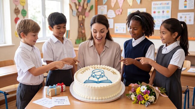 Teacher and students celebrating with a decorated Teachers Day cake