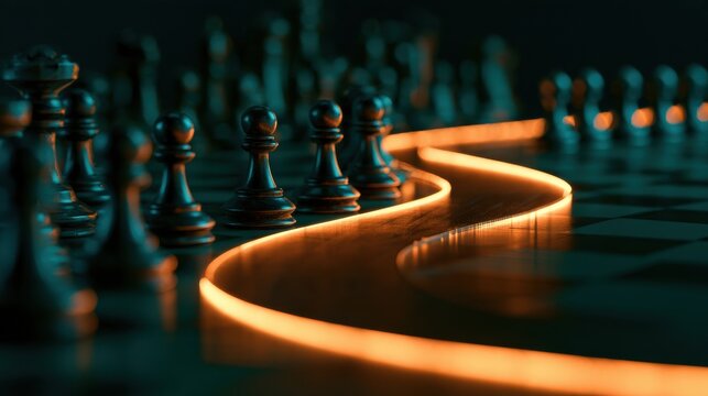 A chess-like game board shows the transition from planning to execution with a glowing amber path leading to an achieved outcome in a dark scene.