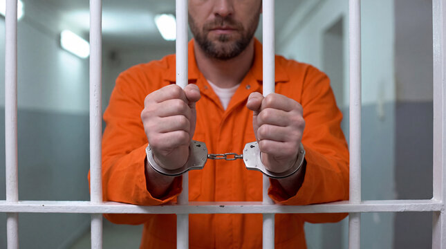 Man in orange prison jumpsuit with handcuffs gripping jail bars in a correctional facility corridor, showcasing a stark environment