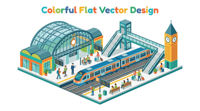 Isometric vector illustration depicts a colorful train station with passengers and tracks