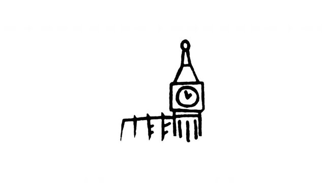 Animated doodle icon of the iconic Big Ben Elizabeth Clock Tower landmark in London.