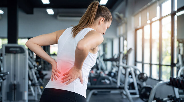 Woman experiencing lower back pain while standing in a gym, fitness equipment visible in the background, focused on her discomfort