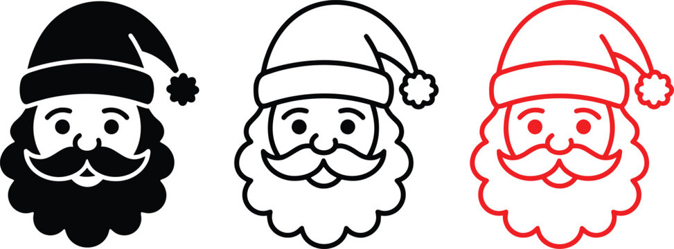 Santa Claus face icons in flat and line art styles, Christmas father character heads set, festive holiday vector graphics for seasonal greeting cards
