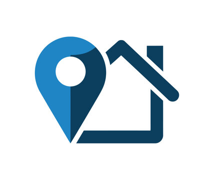 House icon combined with location map pin symbol representing home address, property location, real estate, navigation and residential services.