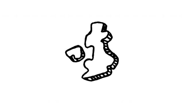 Animated doodle icon of the United Kingdom map outline with pin location.