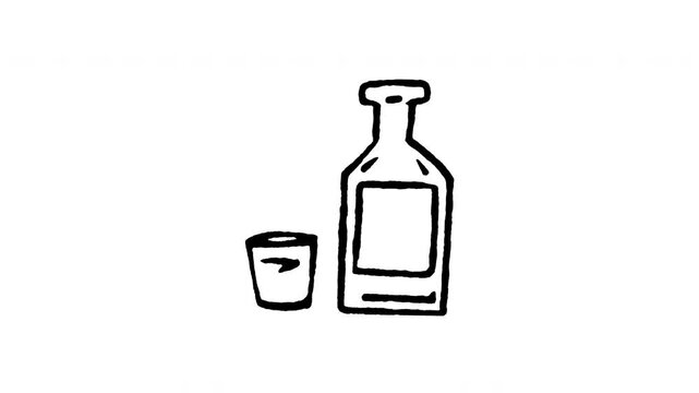 Animated doodle icon of a glass bottle of London dry gin alcohol with shot glass.
