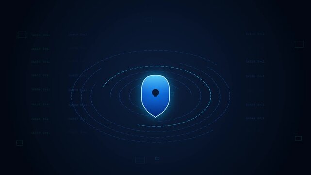 Cybersecurity shield icon with radar rings and digital code data background, animation for data, protection and network, security concepts
