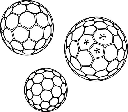 Buckminsterfullerene Molecular Sphere Line Art Vector Set Featuring Fullerene Nanotechnology C60 Carbon Structures