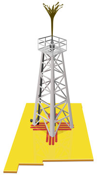 3D illustration representing oil extraction, energy production, and petroleum industry in New Mexico, featuring a gushing drilling derrick on the state map silhouette (cut out)