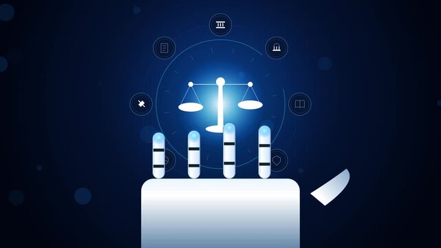 Digital law and justice technology concept with scales symbol and futuristic glowing ui on dark blue background