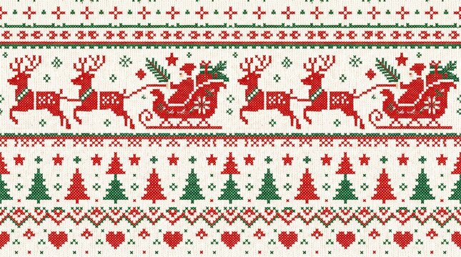 Christmas sweater seamless pattern with Santa sleigh, reindeer, and pine trees, nordic knitted background for holiday textile and gift wrap.