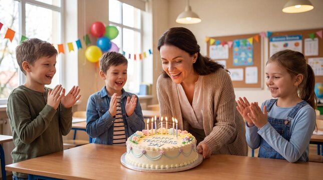 Teacher and students celebrating around a decorated Teachers Day cake