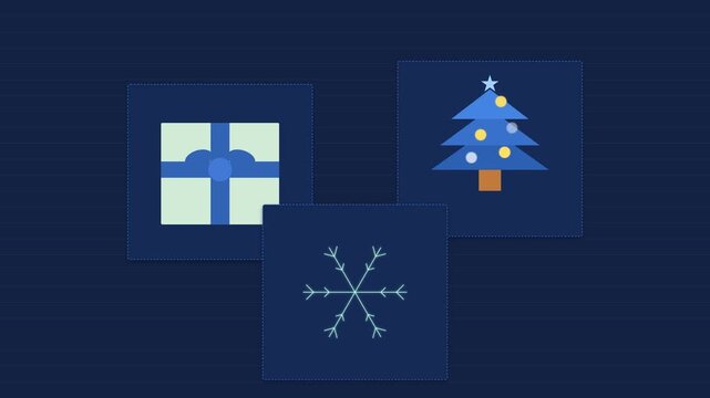 Festive winter holiday icons animation with christmas tree, wrapped gift box, and snowflake on blue background