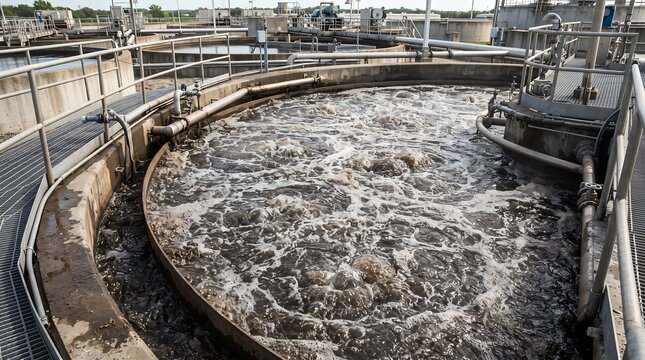 Wastewater treatment plant circular clarifier processing effluent with swirling sludge in industrial facility