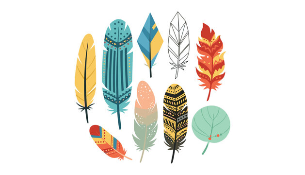 Boho feather vector collection featuring tribal native american bird feathers geometric patterns and colorful bohemian elements