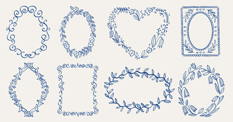 Fototapeta na wymiar Set of whimsical soft frames with squiggles, swirls, leaves, flowers and ornate details. Hand-drawn romantic borders for card, invitatation design. Elegant vector templates