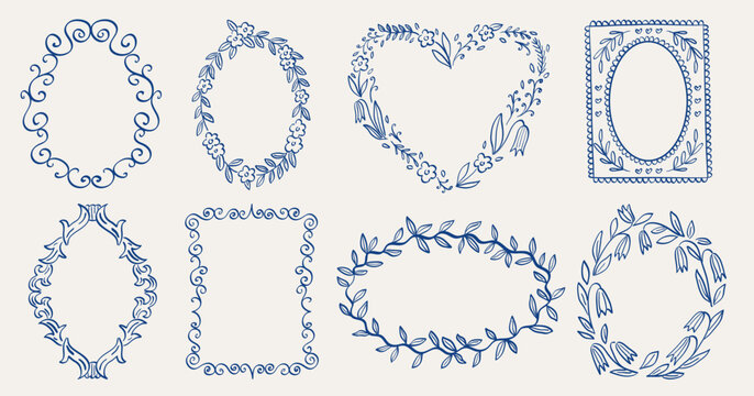 Set of whimsical soft frames with squiggles, swirls, leaves, flowers and ornate details. Hand-drawn romantic borders for card, invitatation design. Elegant vector templates