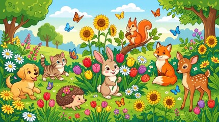 Fototapeta premium Cute safari and woodland animals with babies in floral forest background, adorable elephant bear fox rabbit illustration for nursery wall art.