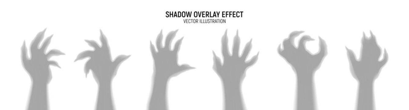 Halloween scary monster paws or hands set. Vector collection of transparent spooky shadows of monster hands with sharp claws for Halloween decoration, horror designs. Realistic creepy monster palms.