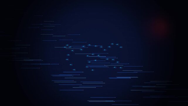 Futuristic digital map glowing with blue data streams and network connections for global technology concepts